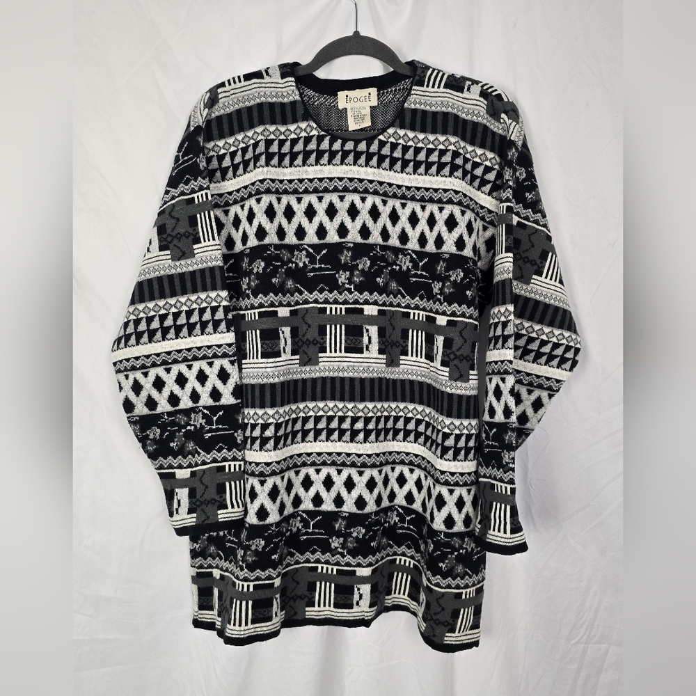 Epogee Vintage Wool Lurex 3/4 Sleeve Oversized 3D Print Tunic Sweater sz L